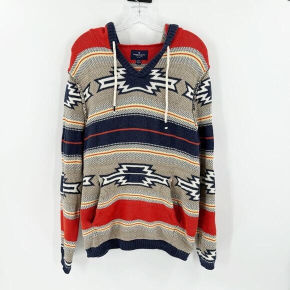 American Eagle Outfitters Blue Tan Aztec Hooded Pullover Sweater Size Medium - Picture 1 of 13